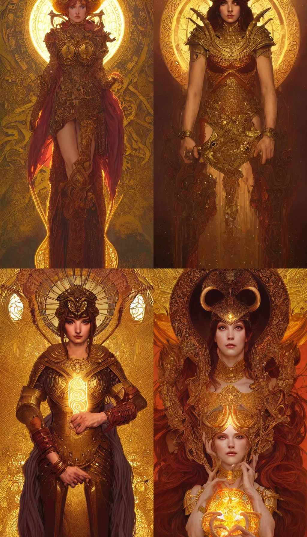 Prompt: aries fiery ram tarot, holy light, intricate armor, elegant, highly detailed, digital painting, artstation, concept art, smooth, sharp, focus, illustration, art by artgerm , james jean, gustav klimt, greg rutkowski, and alphonse mucha