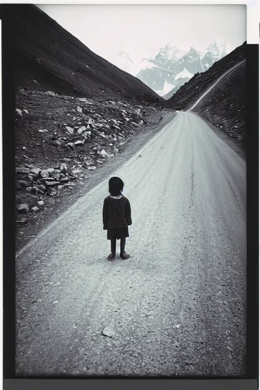 Image similar to photo polaroid of a sad and lonely child in the middle of a mountain road , Nepal,Himalayas, loneliness,,tahr , black and white ,photorealistic, 35mm film,