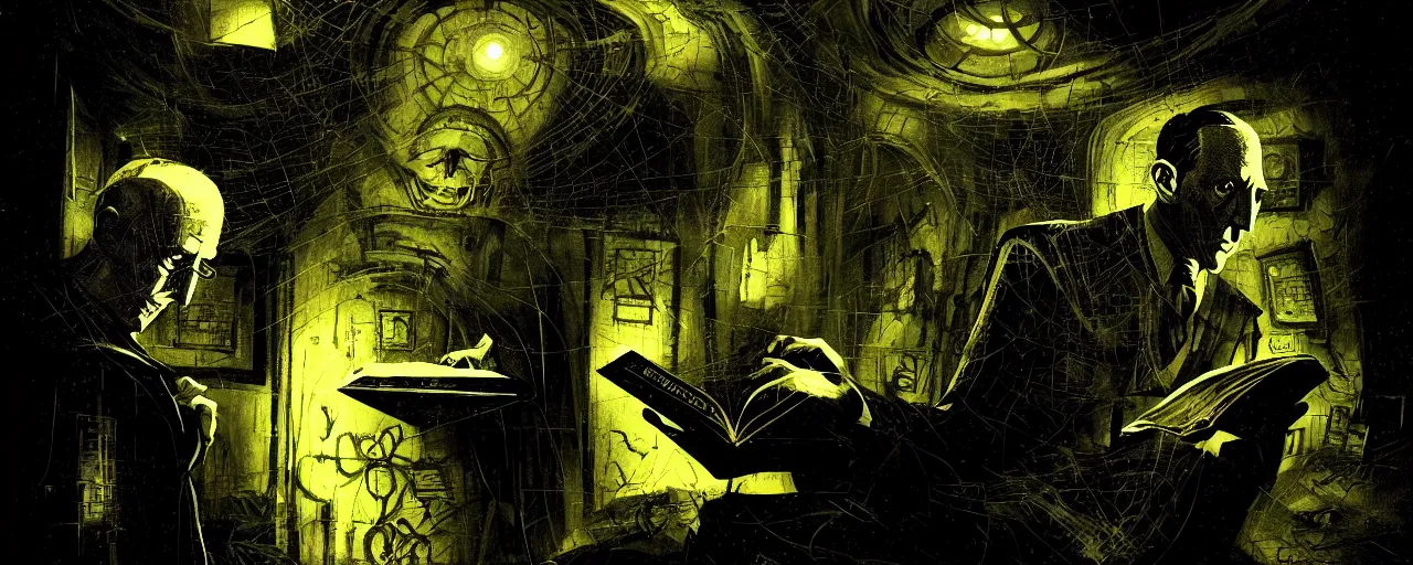 Image similar to dark scifi illustration 3 / 4 portrait of hp lovecraft reading necronomicon. cinematic lighting mad scientist style. golden ratio accidental renaissance. by dave mckean. graffiti art, scifi, fantasy, hyper detailed. octane render. concept art. trending on artstation