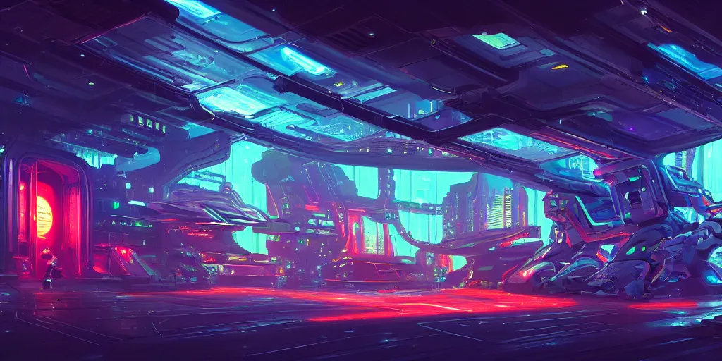 Prompt: the exterior of a celestial spaceship cyberpunk hangar in a bioluminescent walls decorated beautifully, lots of cyberpunk design elements like humanoids and mecha robots, warm sunlight shining in, lots of cables and neon signs, concept art 8 k resolution, fantasy illustration, sharp focus, detailed painting, deep color, volumetric lighting, crepuscular rays