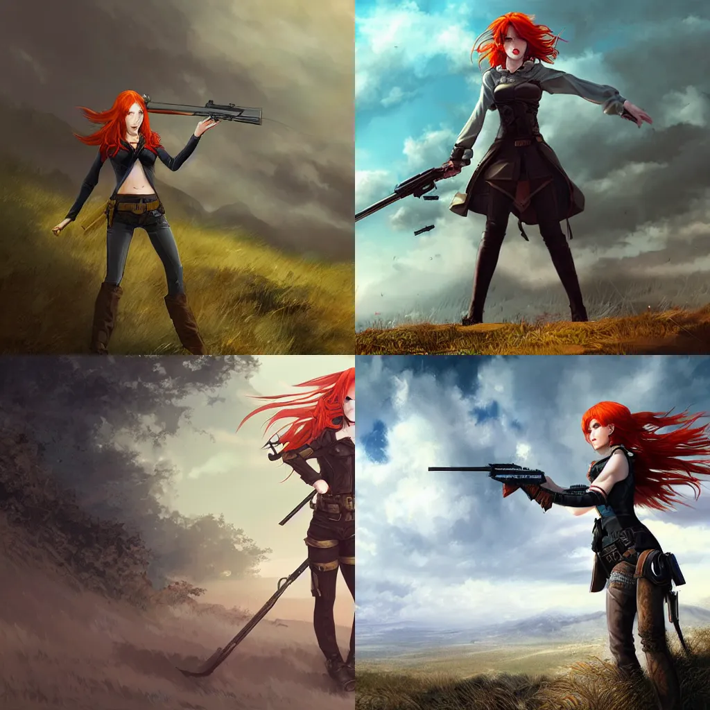 Prompt: A redheaded female gunslinger, hoisting and aiming her rifle, standing at the top of a hill. Dark fantasy anime, digital painting by WLOP.