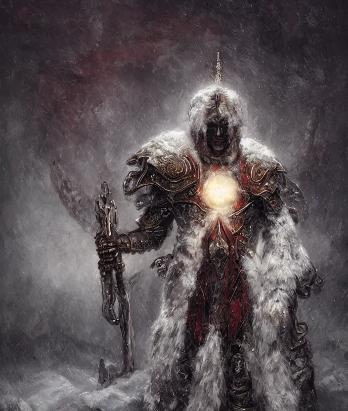 Image similar to Angel Soldier in a snowstorm, wearing an armor with fur accents, mysterious, fantasy artwork, godrays, warm colors, by seb mckinnon