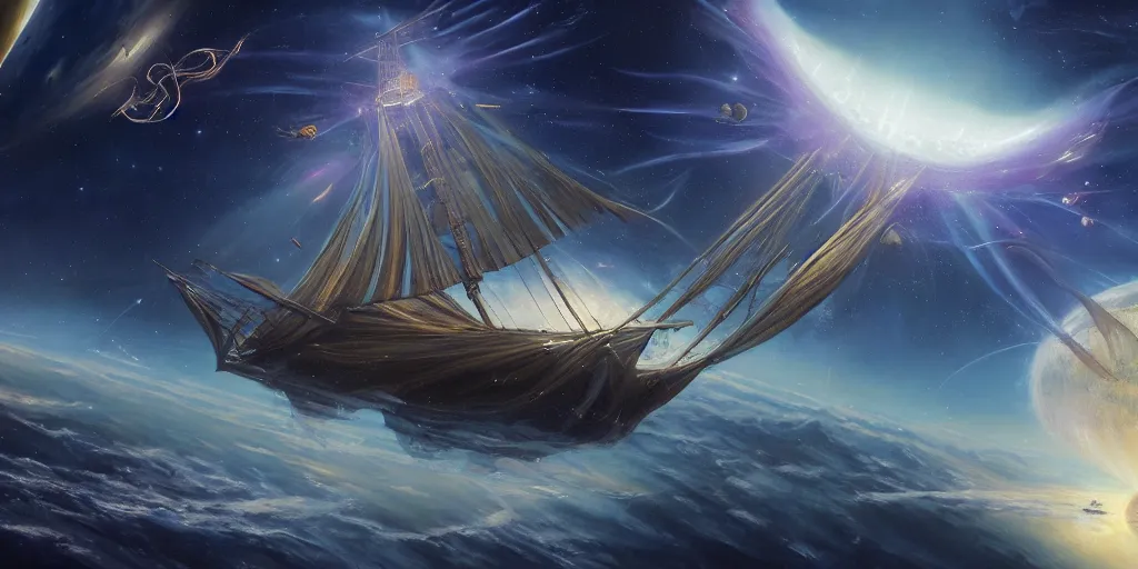 Image similar to Photorealistic epic science fiction painting of one solitary flying tall ship in space, flying past galaxies, by Rodney Matthews and Roger Dean. photorealism, UHD, amazing depth, glowing, golden ratio, 3D octane cycle unreal engine 5, volumetric lighting, cinematic lighting, cgstation artstation concept art