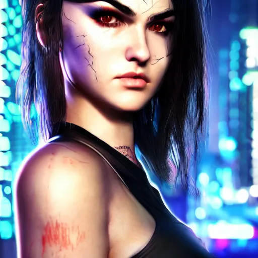 Prompt: sasha grey portrait, cyberpunk 2 0 7 7, cyberpunk judy alvarez, photorealistic, ultra detailed, neon, octane, bokeh, cinematic lighting, cyber, cyberpunk city, studio quality, feature, scars, cyberface, 8 k