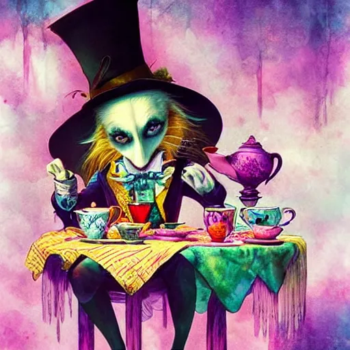 Image similar to the mad hatter from alice in wonderland having a tea party by anna dittmann, highly detailed, bright tones