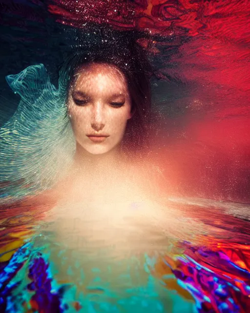 Prompt: photo portrait of woman underwater during sunrise, sunrays, wearing flowing fabric!!, caustics, rippling water, photoshoot, flowing hair, haunting, iconic, fine-art, masterpiece, trending on artstation