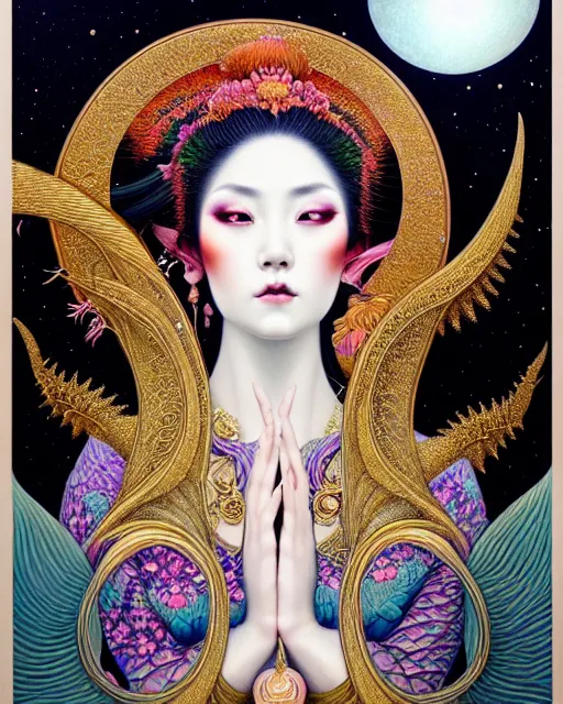 Image similar to portrait of a beautiful moon goddess, unusual beauty, esoteric, other worldly colors, head in focus, fantasy art, ornamental aesthetics, intricate, elegant, highly detailed, hyperrealistic painting, artstation, concept art, painterly, sharp focus, illustration, art by chie yoshii