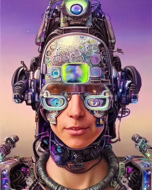 Prompt: a futuristic hippie wearing tie - dye and cybernetic - implants | cyberpunk art | highly detailed | very intricate | symmetrical | cinematic lighting | award - winning | closeup portrait | painted by donato giancola and mandy jurgens and rossdraws and rhads | featured on artstation