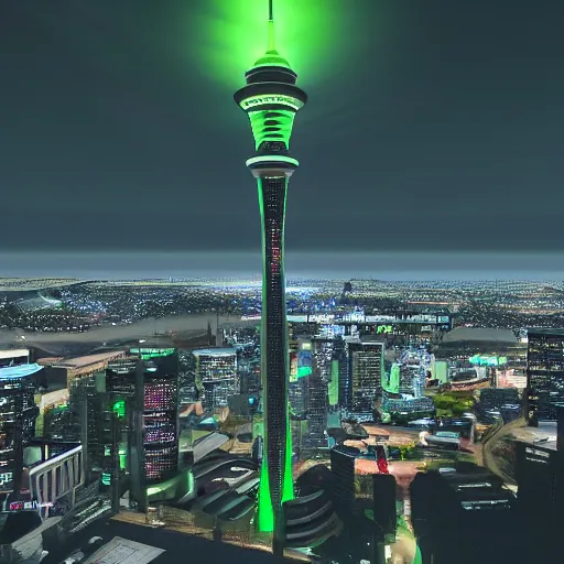 Prompt: auckland sky tower furturistic, green lighting, cyberpunk, evil, artstation, octane render