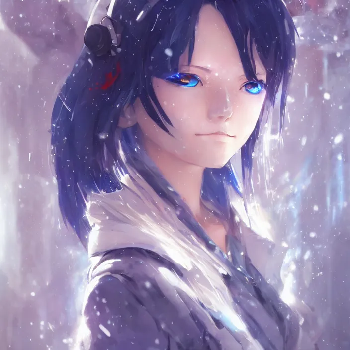 Prompt: an anime portrait of a cyberpunk snowy girl with blue eyes, by Stanley Artgerm Lau, WLOP, Rossdraws, James Jean, Andrei Riabovitchev, Marc Simonetti, and Sakimichan, tranding on artstation