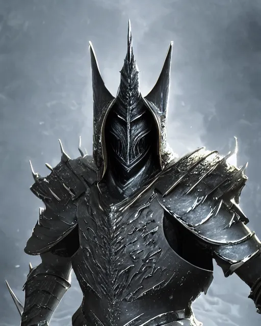 Prompt: a photorealistic 3D render portrait of sauron the dark lord wearing armor made of iron, unreal engine, octane render, cinematic lighting, a sense of evil, hard surface character concept art, dark fantasy character design, hyper realism, high detail, depth of field, stunning vfx, smooth gradients, photorealistic noldorin armor, high contrast, cgsociety