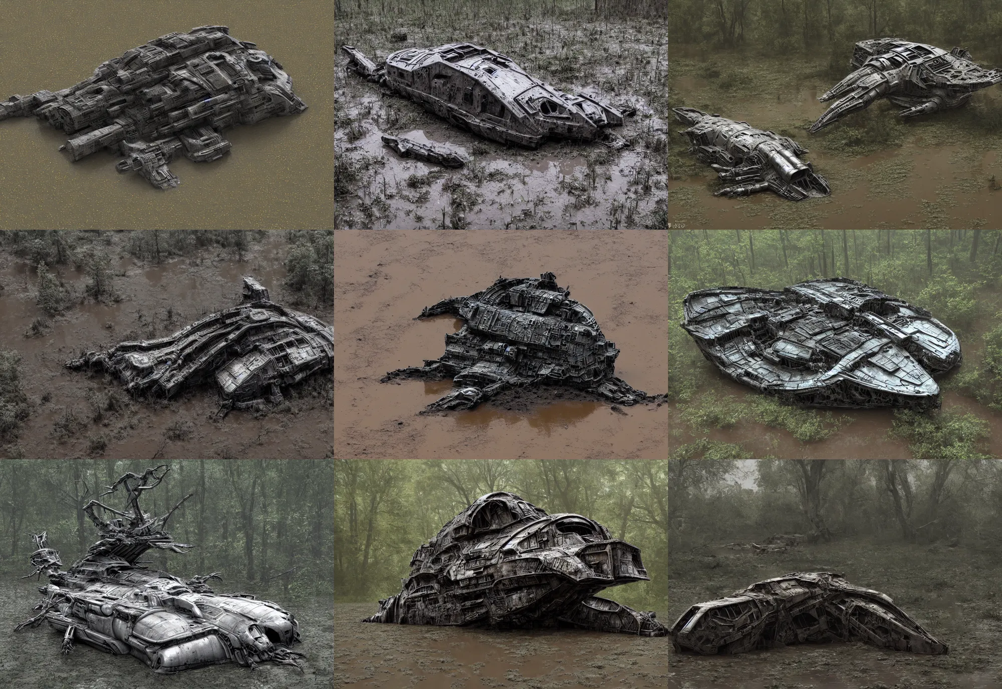 Prompt: crashed detailed alien scout ship in a very muddy swamp, dystopian, 4 k