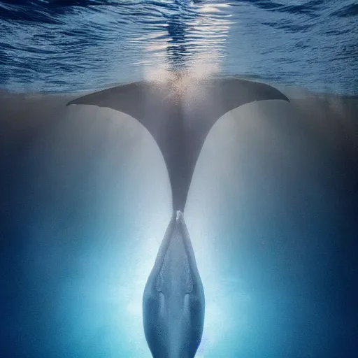 Image similar to underwater photo by national geographic and mort kunstler and annie leibovitz and monia merlo, a stunning blue whale completely covered in a long billowing flowing white sheet swimming through the ocean, backlit, 4 d, 4 k, volumetric lighting, photorealistic, light ray, hyperdetailed