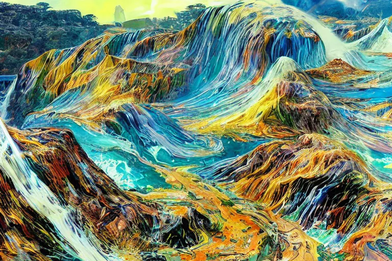 Prompt: An isthmus between the land of silicon and the paint waterfall on the first day of the earth in the style of Dissco Elysium by Robert Kurvitz