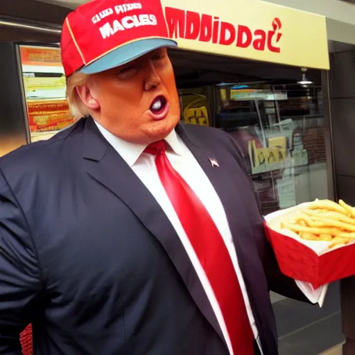 Image similar to a hugely fat version of Donald Trump, carrying a tray of big Macs, trying to squeeze in to a booth at McDonalds. Flash photograph at McDonalds