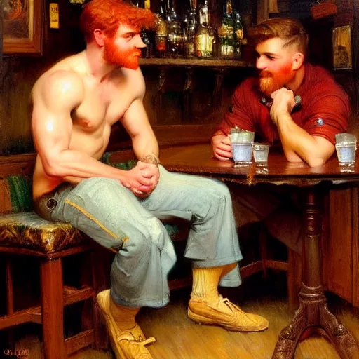 Image similar to attractive mike, wearing pants, with ginger hair with attractive tyler with brunet hair, drinking their hearts out, in a pub, no shirt. very defined and highly detailed painting by gaston bussiere, j. c. leyendecker, craig mullins 8 k