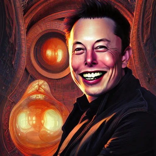 Image similar to Portrait of Elon Musk laughing hysterically as stock prices crash, fantasy, intricate, elegant, highly detailed, digital painting, artstation, concept art, matte, sharp focus, illustration, art by Artgerm and Greg Rutkowski and Alphonse Mucha, portrait