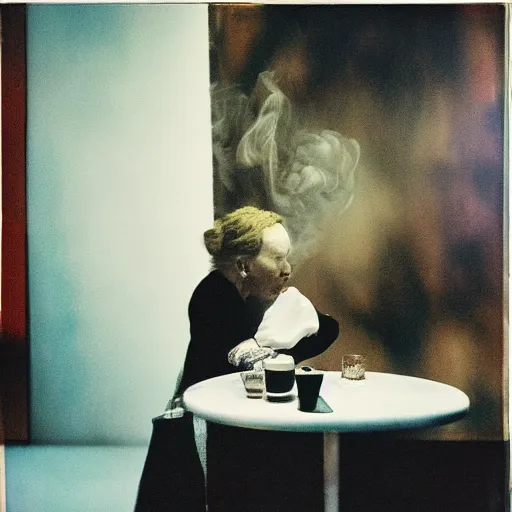 Prompt: overpainted photography portrait of a woman smoking a cigarette at a table by gerhard richter and cindy sherman, dim light, black and white