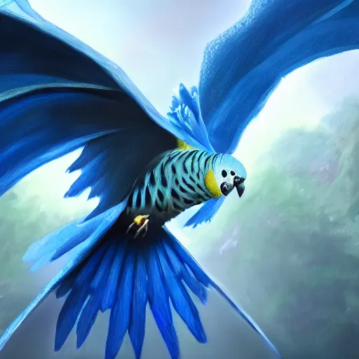 Prompt: an oil painting of a blue budgie with dragon wings, hd, hdr, ue 5, ue 6, unreal engine 5, cinematic 4 k wallpaper, 8 k, ultra detailed, high resolution, artstation, award winning