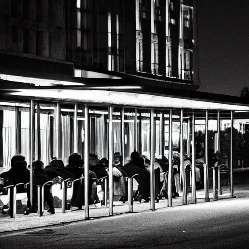 Prompt: a some people waiting in a lone bus stop in quiet dark city night by dr. seuss, high quality, high resolution,detailed