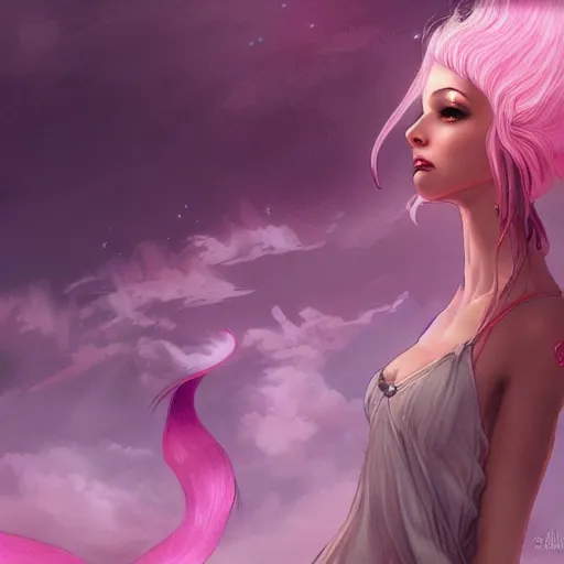 Prompt: Pink Vapor Enchantress Overlooking her Village, illustration, digital art, illustration, artgerm, cgsociety, fantasy, magic