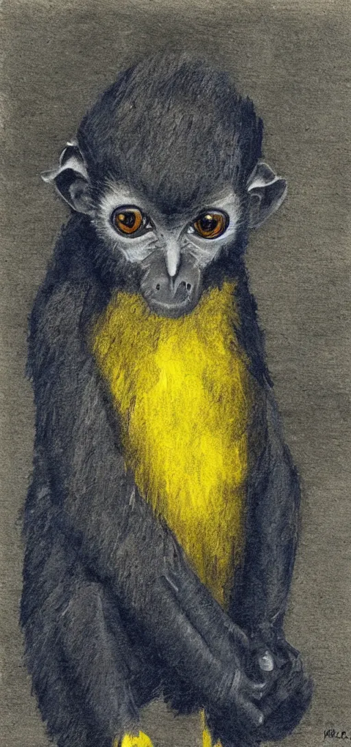 Prompt: long - eared monkey - crow creature wearing a raincoat | tonalist painting, crosshatching, grisaille | prussian blue and azo yellow, dramatic lighting