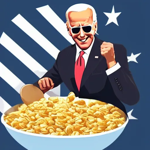 Prompt: Joe Biden is emerging from a bowl of cereal, Extremely realistic photo, trending art station
