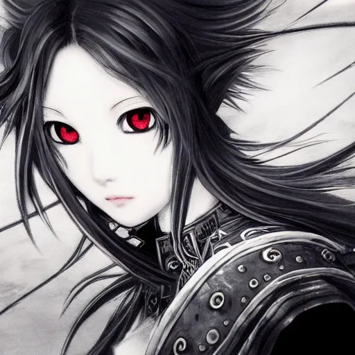 Image similar to Blurred and dreamy illustration of an anime girl with a pirate eye patch, wavy white hair and cracks on her face wearing elden ring armour with the cape fluttering in the wind, Yoshitaka Amano, abstract black and white patterns on the background, noisy film grain effect, highly detailed, Renaissance oil painting, weird portrait angle