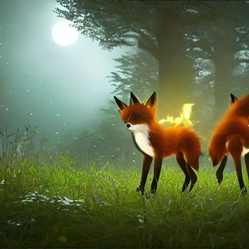 Image similar to second life in game screenshot of black foxes cuddling next to each other in a beautiful fantasy forest lit with fireflies, 3 d render, octane engine, unreal engine 4, 4 k screenshot