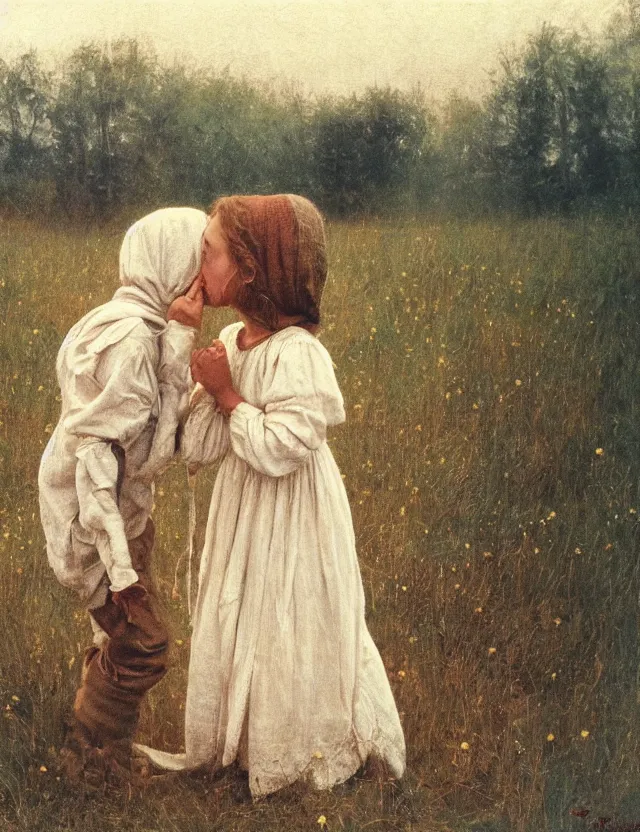 Image similar to peasant boy and girl first kiss, secretly on a village, Cinematic focus, Polaroid photo, vintage, neutral colors, soft lights, foggy, by Steve Hanks, by Serov Valentin, by lisa yuskavage, by Andrei Tarkovsky detailed, oil on canvas