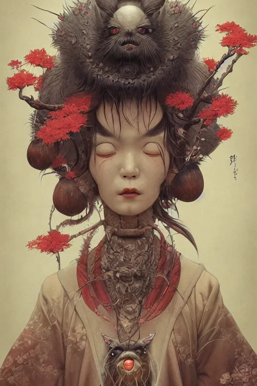 Prompt: a portrait of a japanese strange animal illustrated by miyazaki by karol bak, james jean, tom bagshaw, rococo, sharp focus, trending on artstation, cinematic lighting, hyper realism, octane render, 8 k, hyper detailed, vivid, ultra detailed, highly detailed