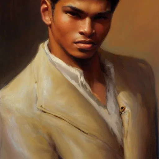 Prompt: a light brown - skinned young man with giving a presentation he was not prepared for, closeup portrait by gaston bussiere, j. c. leyendecker, craig mullins, symmetry!!, realistic face