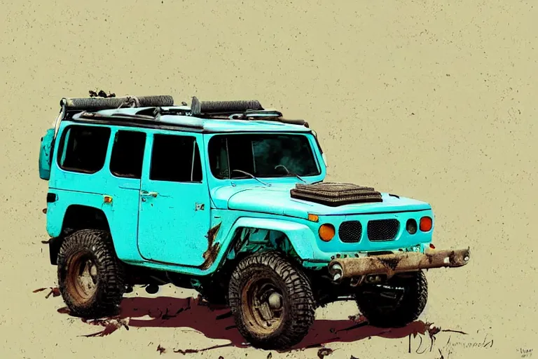 Image similar to digital illustration of a faded cyan mad max's fj 4 0 decrepit!!!! pursuit special, rusty!!! nissan fj cruiser heavily modded 1 9 9 0 s, the last v 8 interceptor by makoto shinkai, ilya kuvshinov, lois van baarle, rossdraws, basquiat