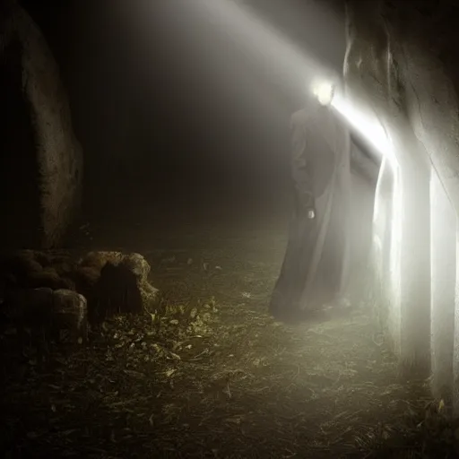 Prompt: real vampire, cinematic lighting, god rays through fog,, cave, mood scary,,