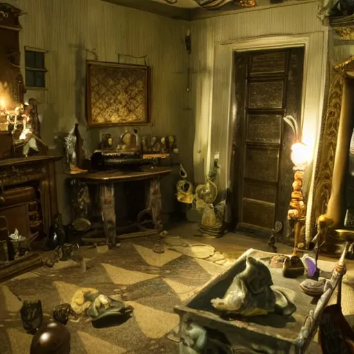 Prompt: room of a dark mansion, objects from ritual in the ground, realistic, highly detailed, guillermo del toro