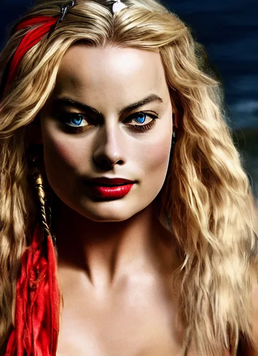 Prompt: margot robbie as a sexy pirate with a parrot, pirate costume, pirate boat background, realistic portrait, beautiful eyes, 8k resolution, hyper detailed, dramatic lighting, cinematic