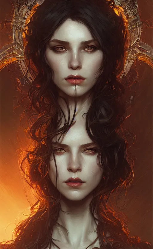 Image similar to portrait of a dark witch, confident, menacing, mysterious, intricate, headshot, highly detailed, digital painting, artstation, concept art, sharp focus, cinematic lighting, illustration, art by artgerm and greg rutkowski, alphonse mucha, cgsociety