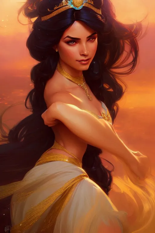 Image similar to Princess Jasmine, fantasy, intricate, elegant, highly detailed, digital painting, artstation, concept art, matte, sharp focus, illustration, art by Artgerm and Greg Rutkowski and Alphonse Mucha