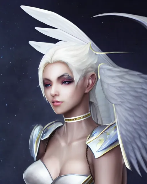 Prompt: perfect white haired egyptian goddess wearing white dove wings, warframe armor, regal, attractive, ornate, sultry, beautiful, dreamy, half asian, pretty face, blue eyes, detailed, scifi platform, 4 k, ultra realistic, epic lighting, android body, illuminated, cinematic, masterpiece, art by akihito tsukushi, voidstar, artgerm