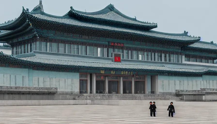 Image similar to 2020s movie still of empty north-korean royal restaurant palace, Leica SL2 50mm, high quality, higly detailed