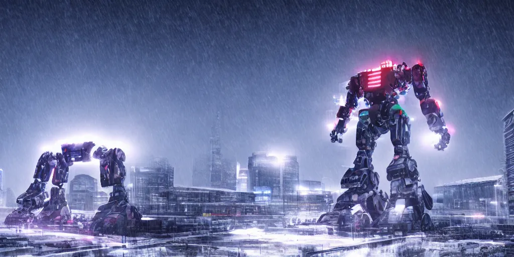 Prompt: a giant robot, megastructure, in a snowy land, render, 4 k, neon light