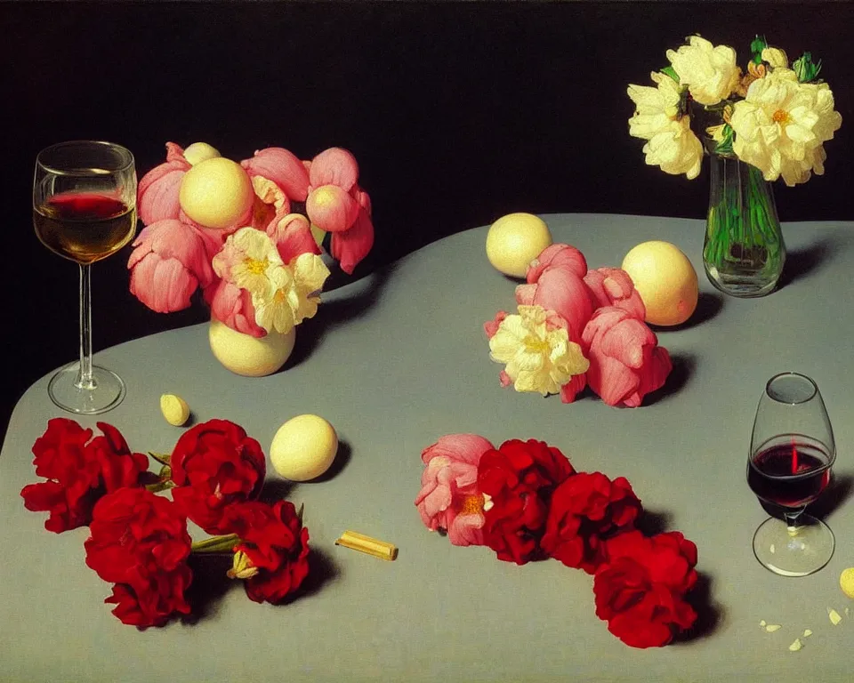 Image similar to an achingly beautiful still life featuring blooming flowers, tillamook cheese, and red wine by Raphael, Hopper, and Rene Magritte. detailed, romantic, enchanting, trending on artstation.