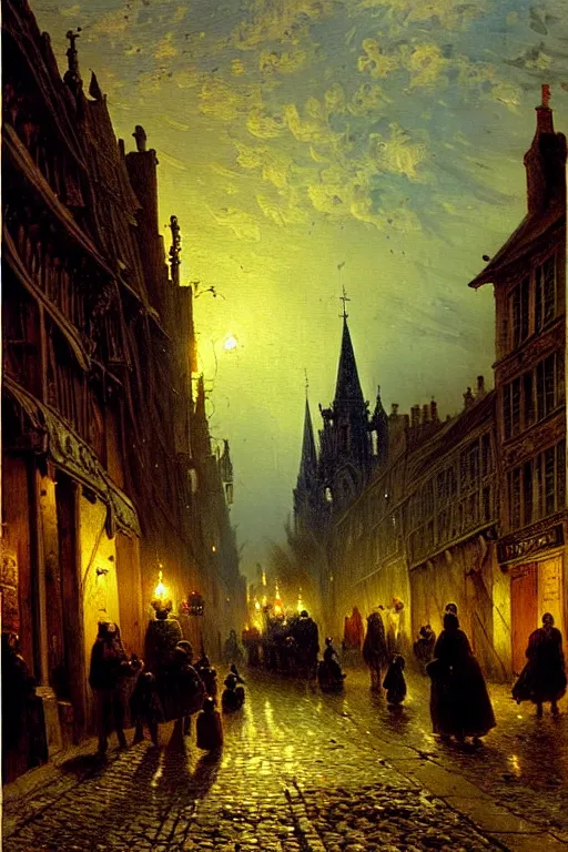 Image similar to detailed painting of a street of saint malo after a bombing, lanterns glowing, dusk, filigree ornaments, andreas achenbach