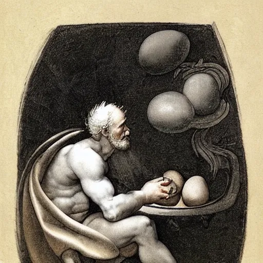 Prompt: Pensive Wizard Examining Eggs, by Michelangelo.