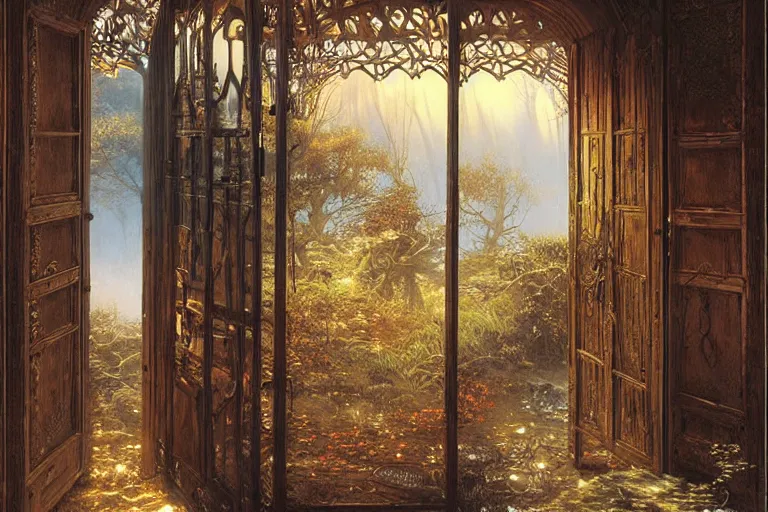 Image similar to large rustic intricately decorated wooden double door, metal handles, a view to a fantasy world, eerie back light, mist, fantasy painting by noriyoshi ohrai