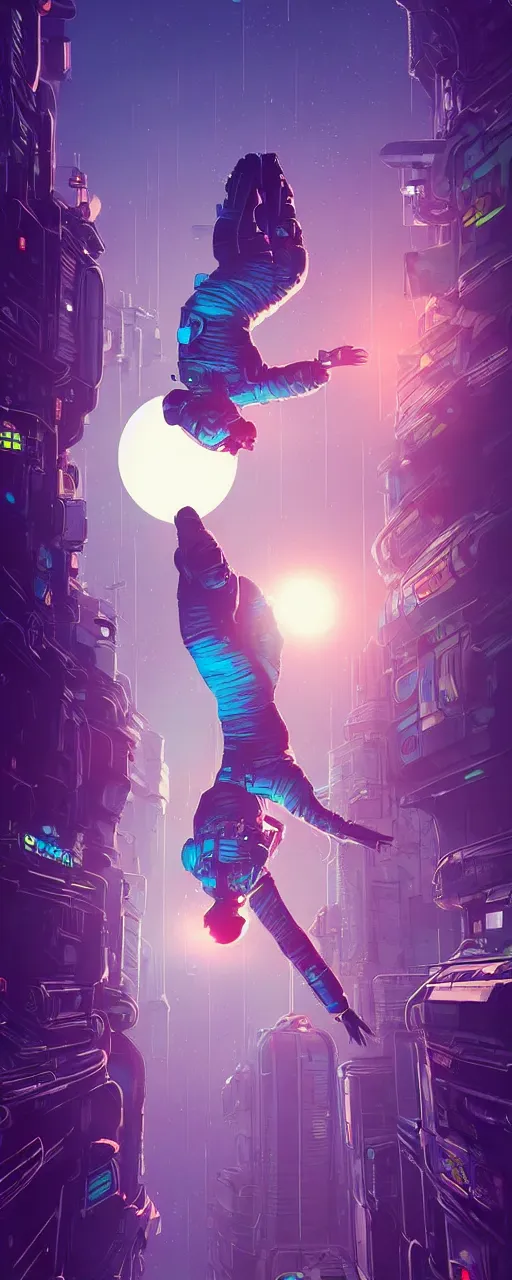 Image similar to A picture of an astronaut floating upside down in a cyberpunk surreal city with a full moon, neon lights, sharp edges, flat colors, cell shaded, by Jordan Grimmer, Jean Giraud and Neil Blevins trending on artstation