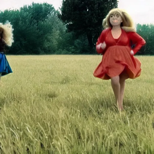 Prompt: Still from film about two housewives dressed as inflatable toys running away from their problems through a grassy field in rural France, in the style of Agnes Varda, 1980 color