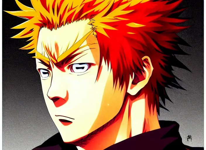 Prompt: a anime portrait of a man with flaming hair, close up, jujutsu kaisen!! finely detailed features, sharp focus, perfect art, scenic background, intricate, anime, illustration, artstation, trending on pixiv fanbox, painted by studio ghibli, yoji shinkawa, mappa