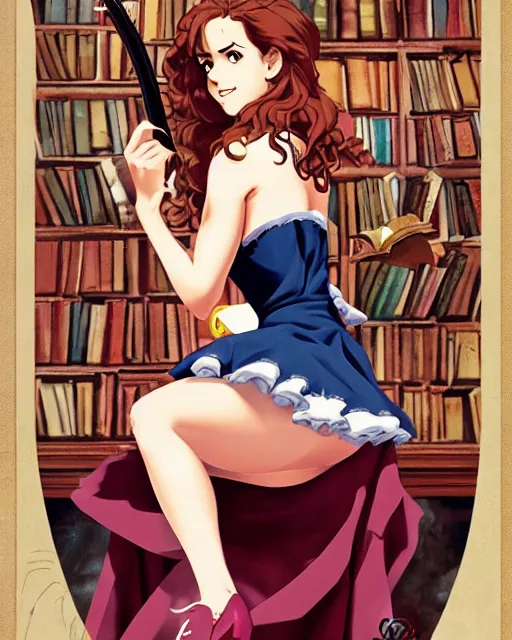 Prompt: pinup photo of hermione granger by emma watson in the library of hogwarts, asuna by a - 1 pictures, by by andrei riabovitchev, james jean, gil elvgren, enoch bolles, glossy skin, pearlescent, anime, very coherent, flat