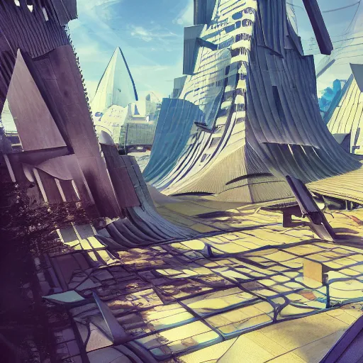 Image similar to neo brutralism, futuristic architectural art, colorful, hyperrealistic, cgsociety, octane render, 8k, realistic depth, 3D feeling, sunlight, shadows, reflections, romanticism, 3D, realistic depth, in the style of Akihiko Yoshida and Greg Rutkowski